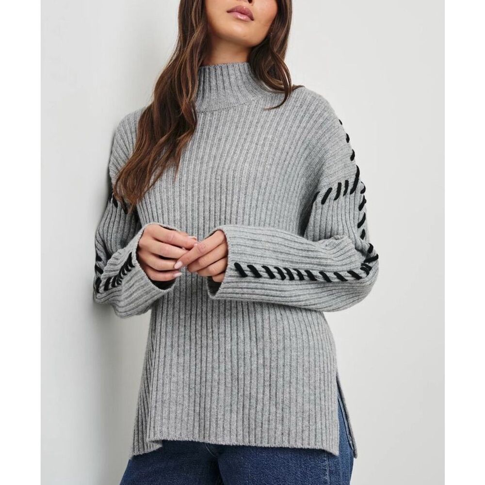 Rails Liam whipstitch‎ rib turtleneck sweater in heather grey